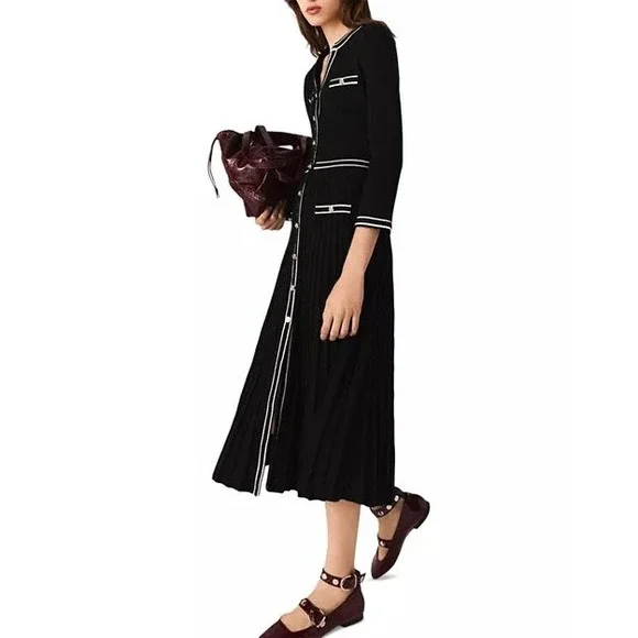 Maje Knit Midi Dress Contrast Trim Pleated Skirt Black White Office Classic $480 - Picture 3 of 15